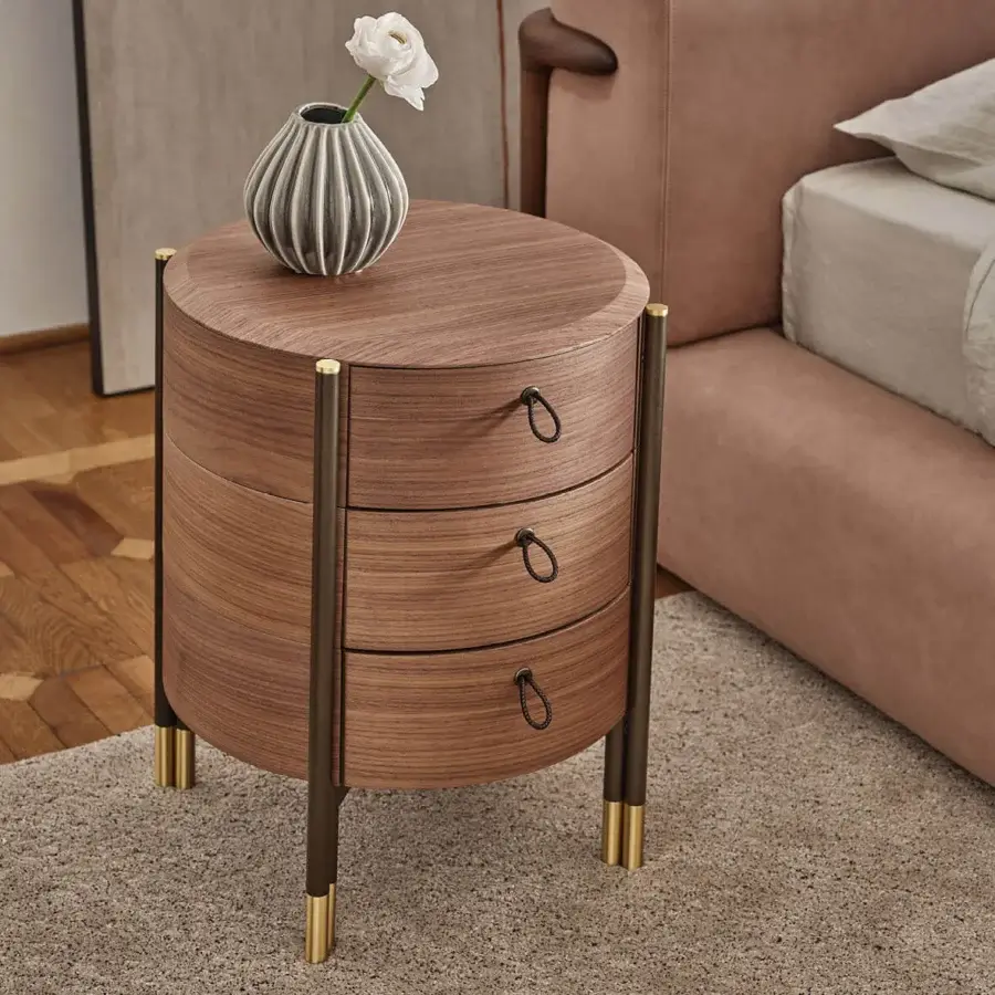 Exceptional Porada Bayus Tondo nightstand crafted in Canaletta walnut with satin finish and dark scoubidou leather handles