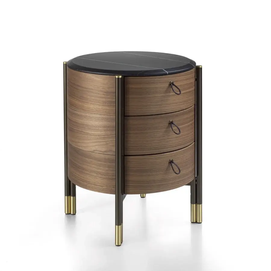 Distinguished Porada Bayus Tondo nightstand built in Canaletta walnut with satin finish and dark scoubidou leather handles