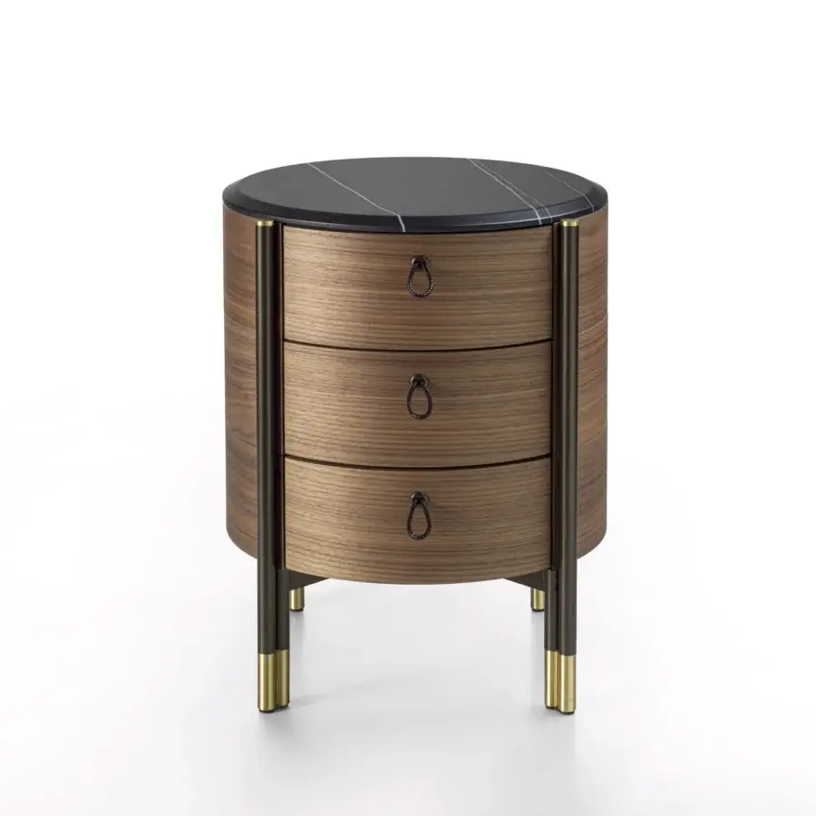Lavish Porada Bayus Tondo nightstand crafted in Canaletta walnut with satin finish and dark scoubidou leather handles