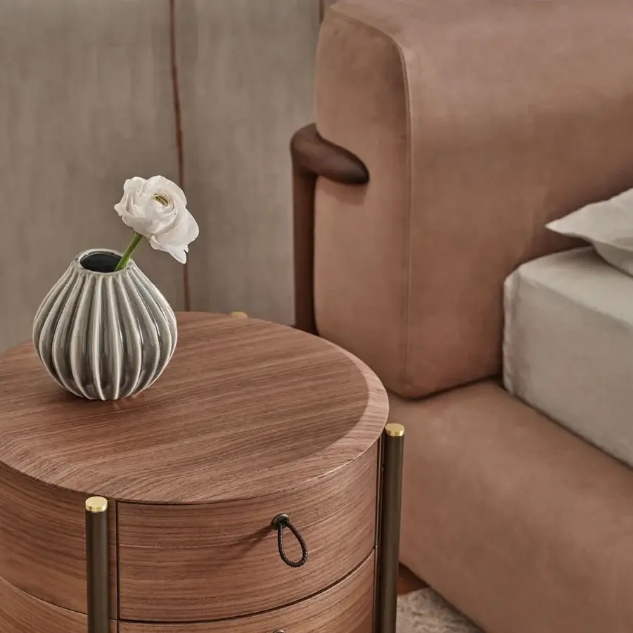 Distinguished Porada Bayus Tondo nightstand crafted in Canaletta walnut with satin finish and dark brown scoubidou handles