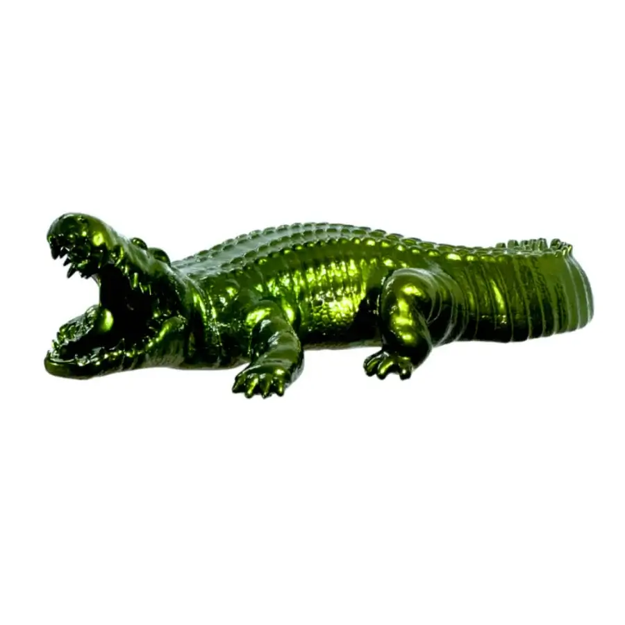 Distinguished Juliarte Crocodile sculpture handcrafted from stone powder and fiberglass in vibrant green chrome finish with textured detailing