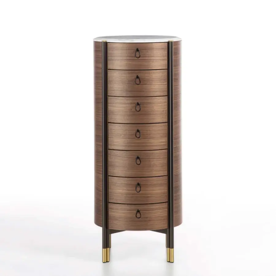 Distinguished Porada Bayus Tondo 7 dresser crafted from solid Canaletta walnut with a satin finish and dark brown leather handles in marble