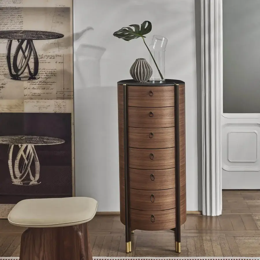 Elegant Porada Bayus Tondo 7 dresser crafted from solid Canaletta walnut with satin finish and dark brown scoubidou-effect leather handles
