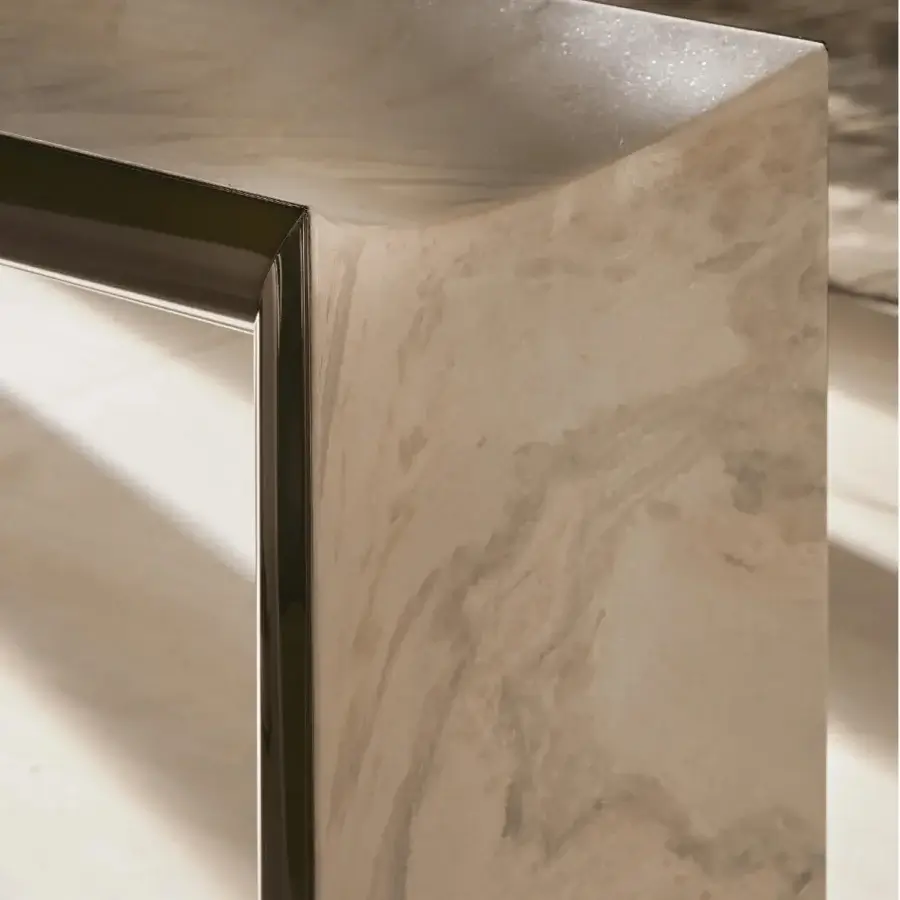 Superior Visionnaire Ekos console crafted from warm beige solid marble with polished stainless steel cladding and smoked glass