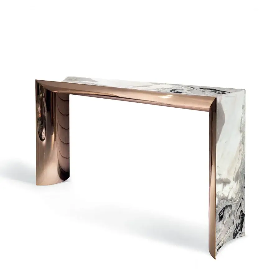 Elegant Visionnaire Ekos console crafted from cool white and gray veined solid marble with polished stainless steel and smoked glass
