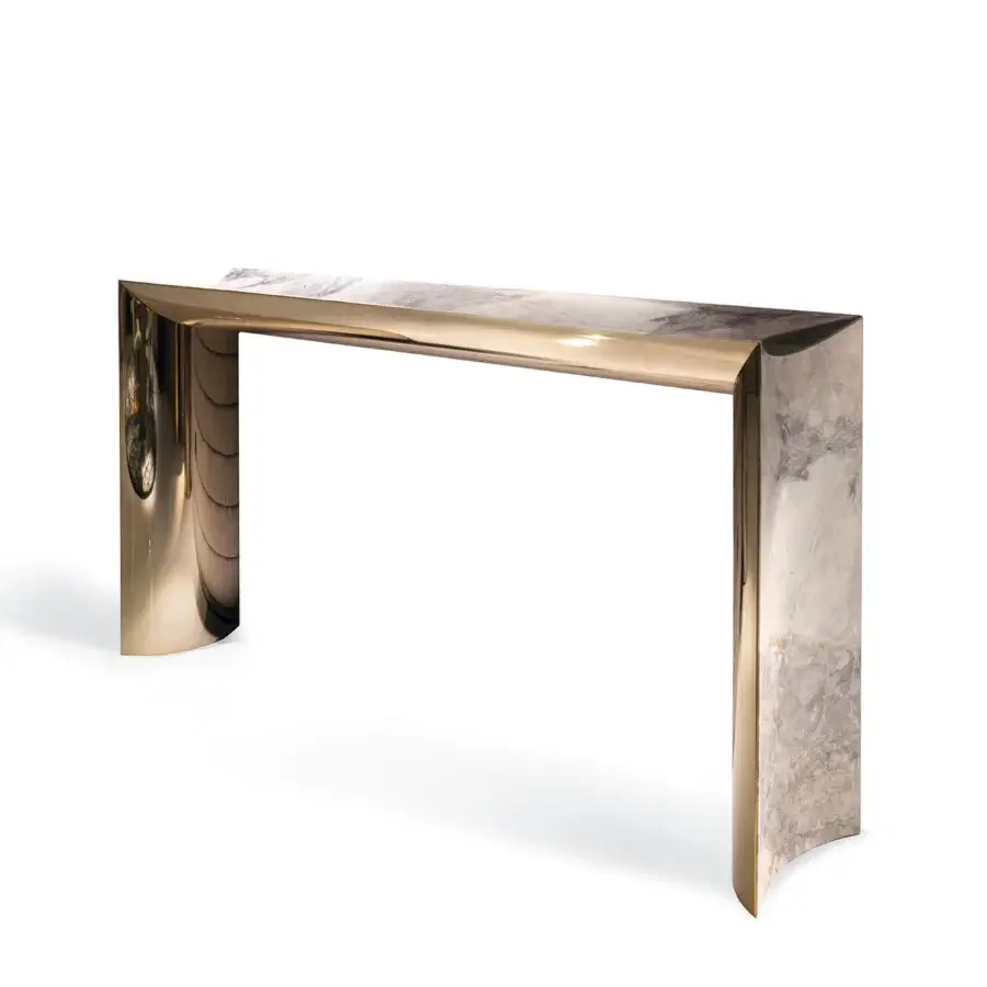 Distinguished Visionnaire Ekos console built with warm gold metalwork and grey beige veined solid marble with polished stainless steel