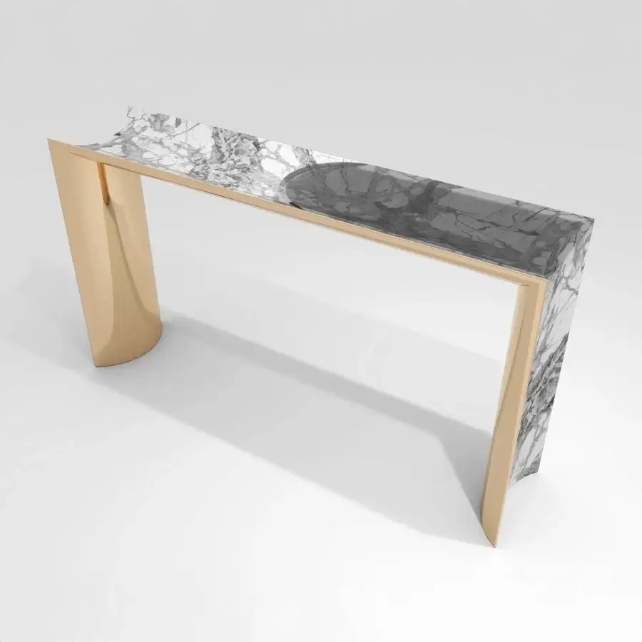 Exceptional Visionnaire Ekos console crafted from white and dark grey veined solid marble with satin-finish stainless steel support