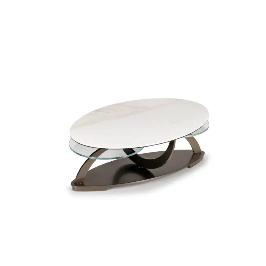 Elegant Naos Cocoon coffee table with glossy white and gray ceramic tops and satin-finish painted steel base