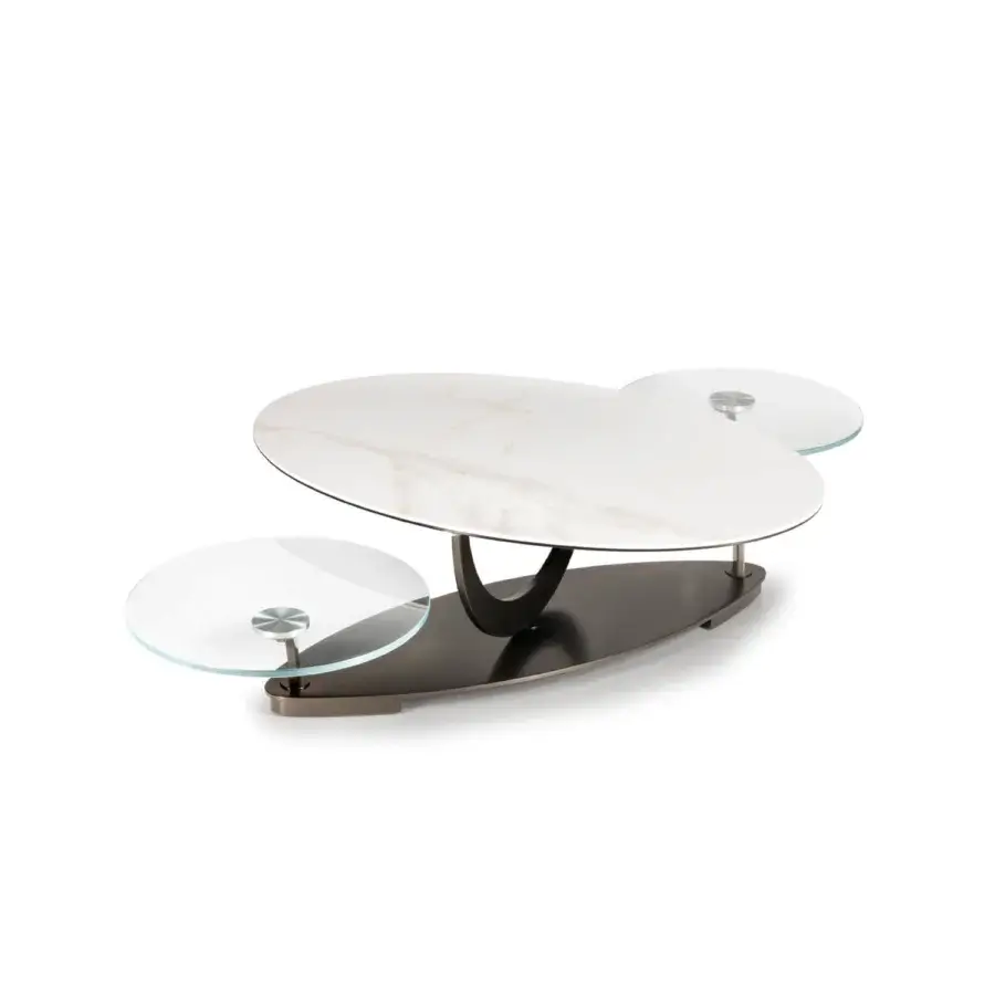 Distinguished Naos Cocoon coffee table with asymmetrical glass tops displaying white and gray marble patterns and satin painted steel base