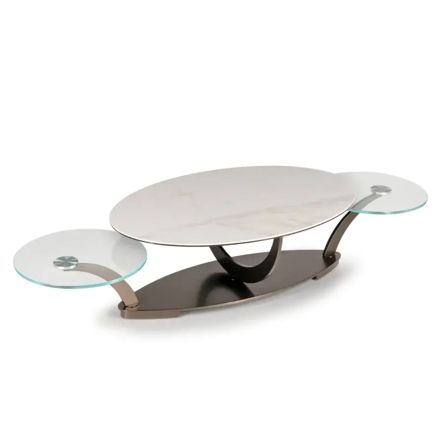 Superior Naos Cocoon coffee table crafted with white ceramic tops displaying grey veining and a dark bronze-toned painted steel base