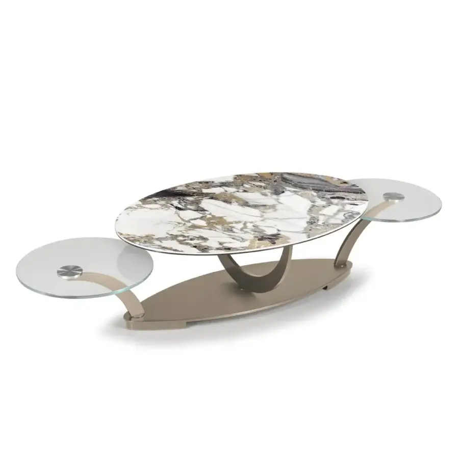 Innovative Naos Cocoon coffee table with sculpted satin gold steel base and marbled glass tops in white and gray