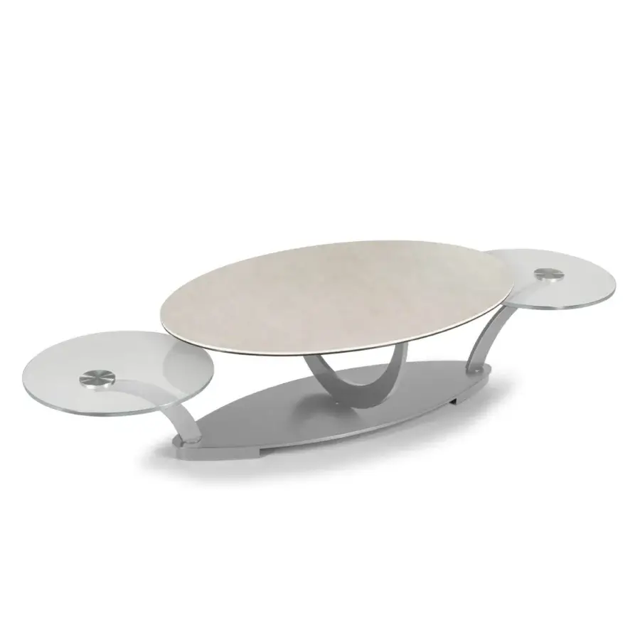 Exceptional Naos Cocoon coffee table with synchronized extending glass tops and painted silver-grey steel base