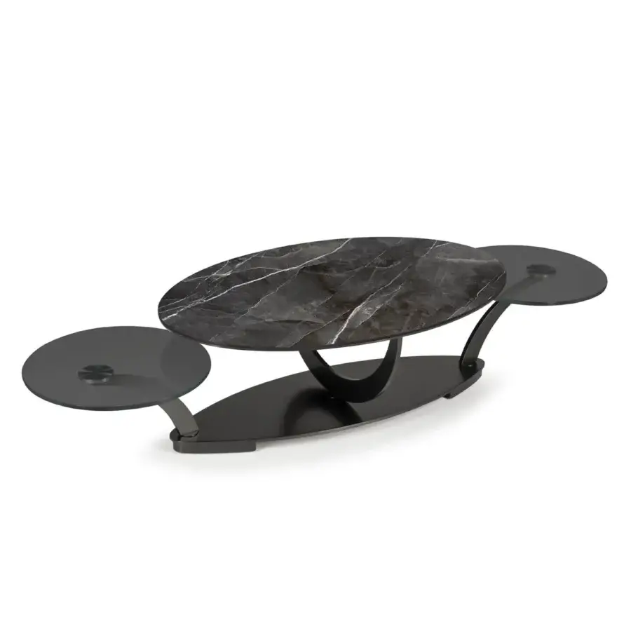 Distinguished Naos Cocoon coffee table crafted with polished ceramic tops in gray and black mottling with a dark gray painted steel base