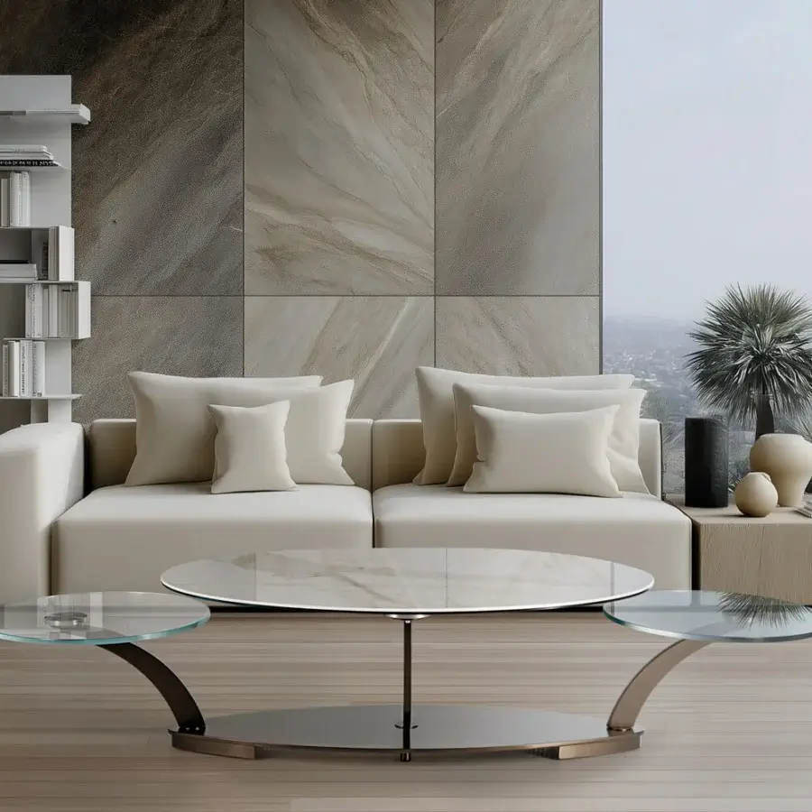 Innovative Naos Cocoon coffee table with a smooth glass tabletop and polished silver-toned painted steel base crafted with a synchronized opening mechanism