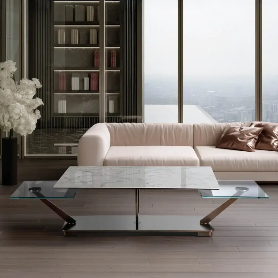 Superior Naos Cocoon coffee table with a clear, veined glass tabletop and elegantly curved blackened steel base