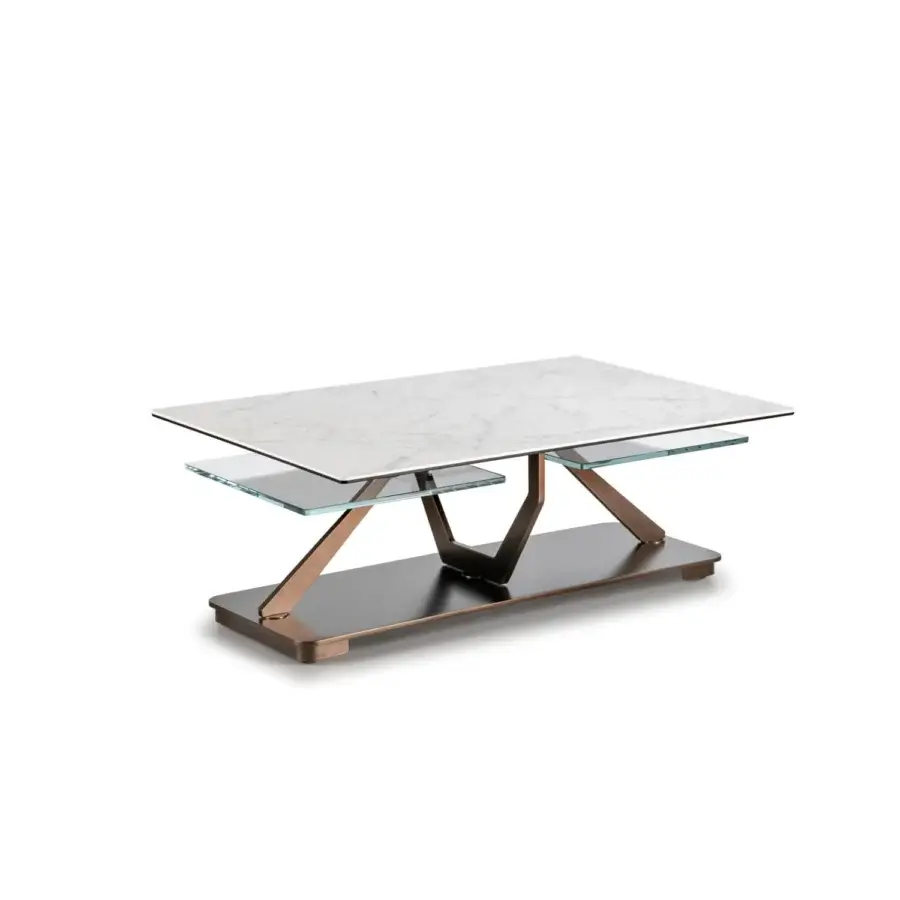 Exceptional Naos Cocoon coffee table with expanding glass tops displaying a white and gray marble-like pattern and a dark bronze painted steel base