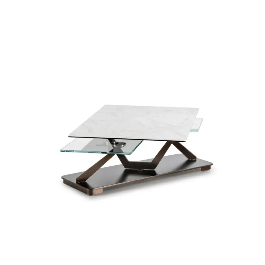 Distinguished Naos Cocoon coffee table crafted with glossy ceramic tops in a white and gray marble-like pattern and a painted steel base