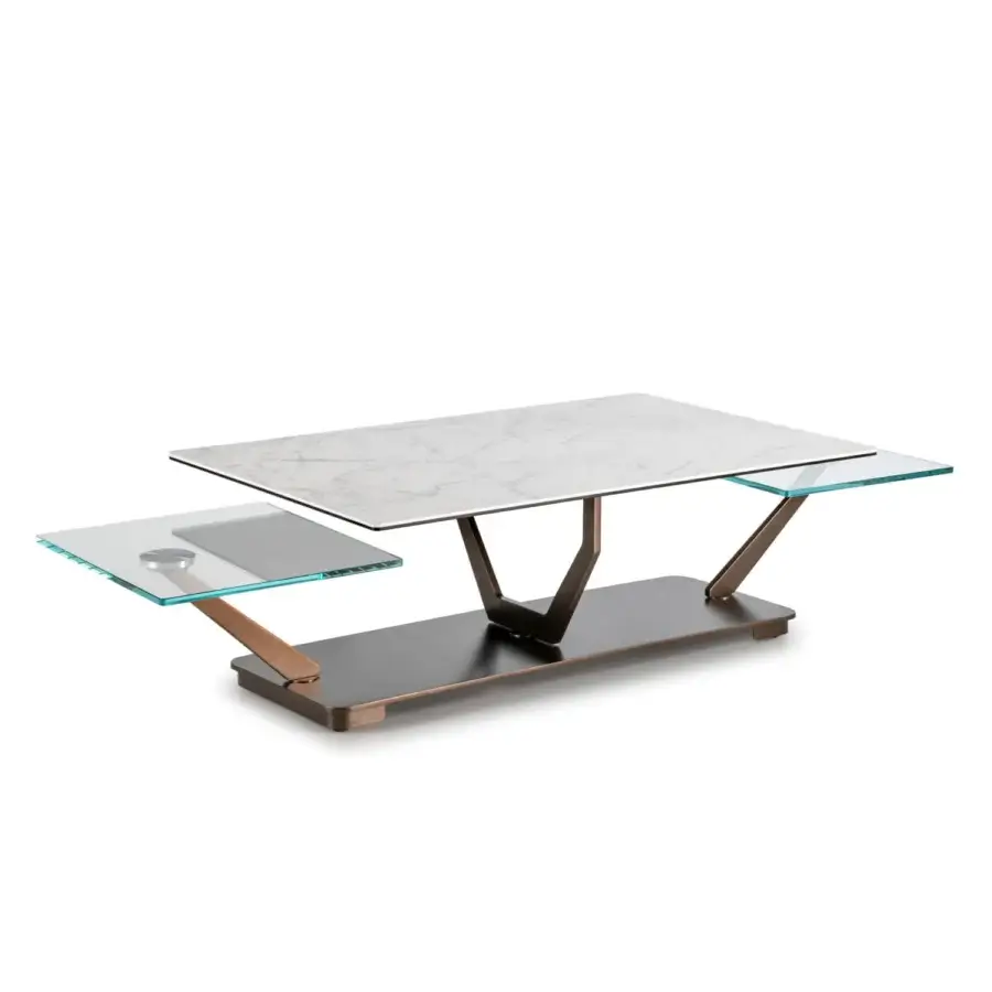 Superior Naos Cocoon coffee table with white ceramic tops displaying subtle grey veining and bronze angled metal legs