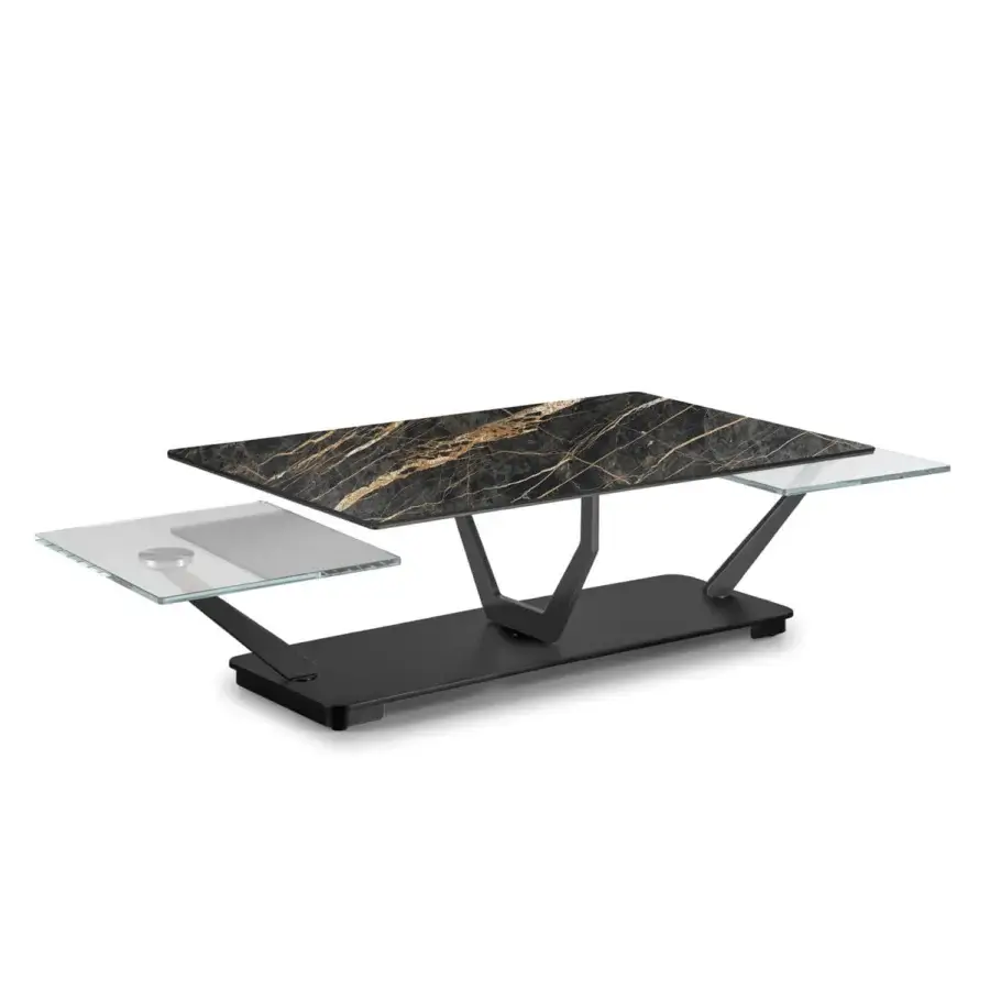 Innovative Naos Cocoon coffee table with polished ceramic tops displaying golden veining and clear glass extensions in painted steel