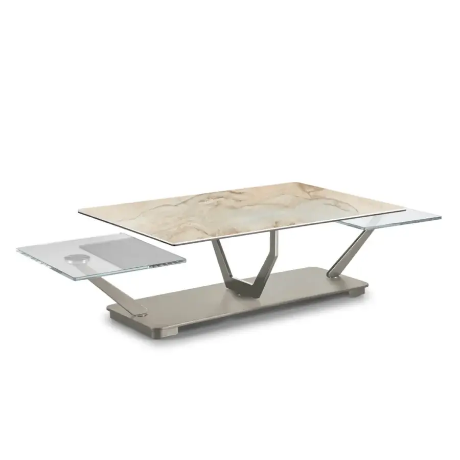 Exceptional Naos Cocoon coffee table with beige and brown marble-like glass tops and a glossy finish supported by a matte grey painted steel base