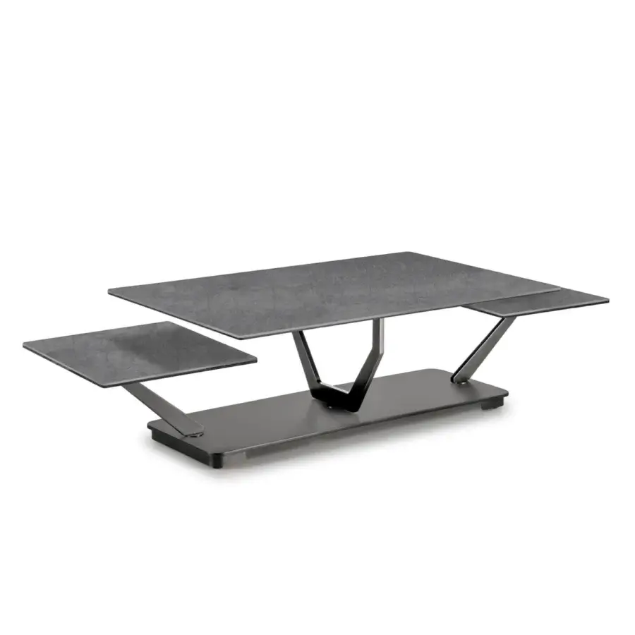 Distinguished Naos Cocoon coffee table with mottled gray ceramic tops and a painted steel base crafted with a synchronized opening mechanism