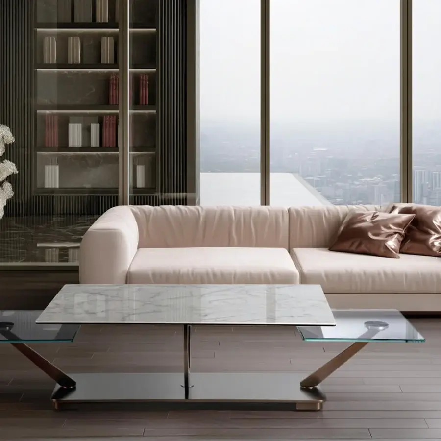 Superior Naos Cocoon coffee table with clear marbled glass and dark glossy painted steel construction