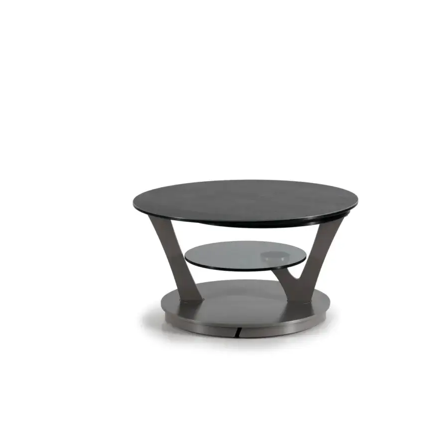 Elegant Naos Bio coffee table with revolving glass tops and dark gray painted steel base