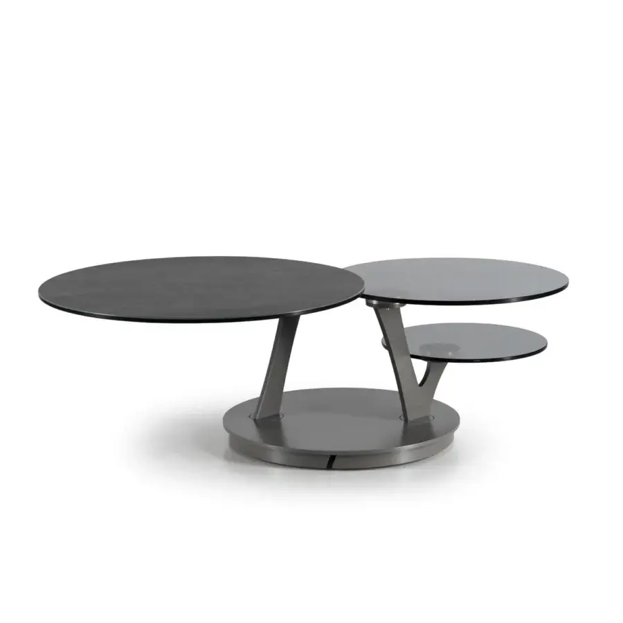Superior Naos Bio coffee table with synchronized revolving glass tops and matte grey painted steel base