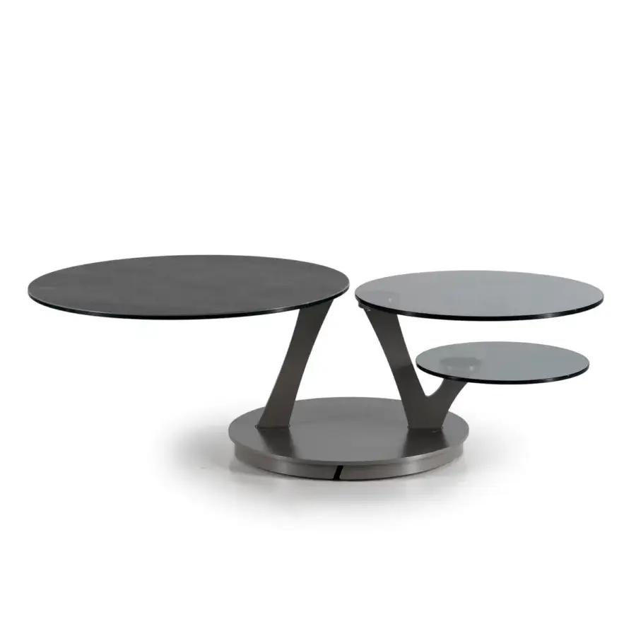 Distinguished Naos Bio coffee table with synchronized revolving round tops in smooth glass and matte painted steel base