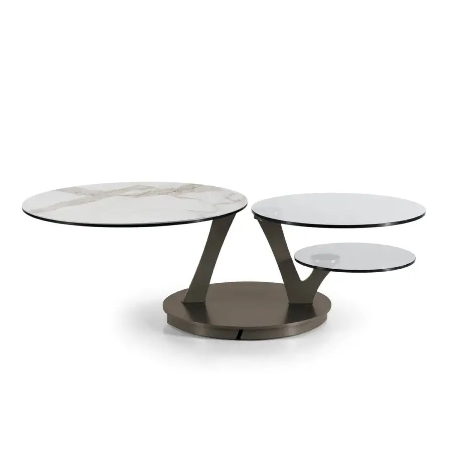 Elegant Naos Bio coffee table with synchronized revolving round tops in ceramic with a white and gray pattern and muted gray-brown painted steel base