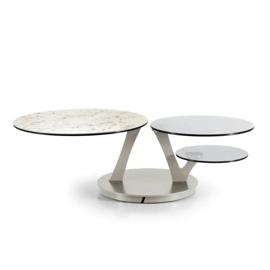 Exceptional Naos Bio coffee table with synchronized revolving round tops in ceramic resembling white marble and light grey painted steel base