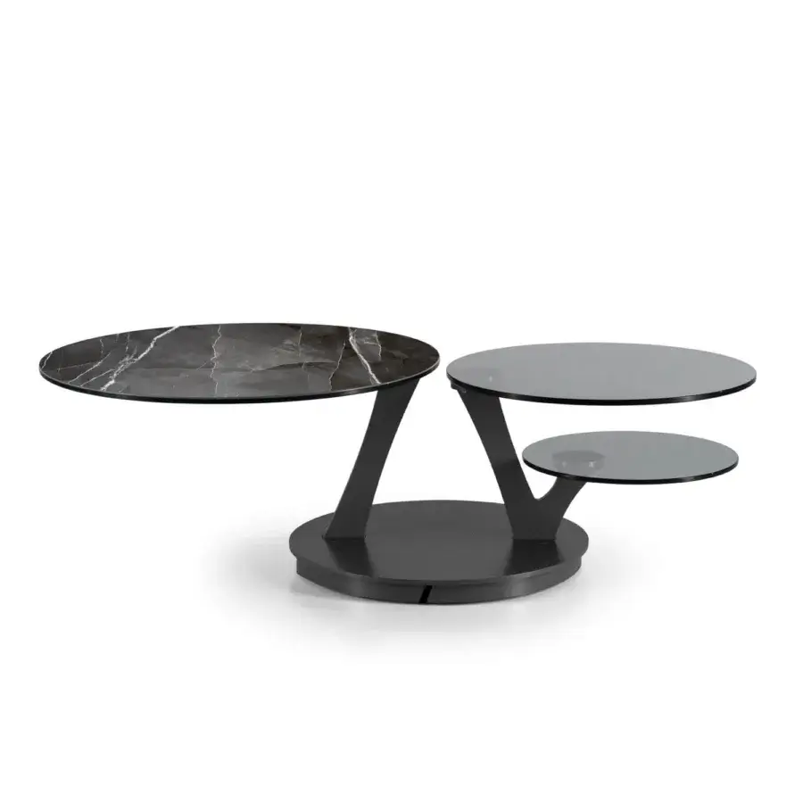 Superior Naos Bio coffee table with synchronized revolving round tops in ceramic and marble-patterned finish with painted steel base