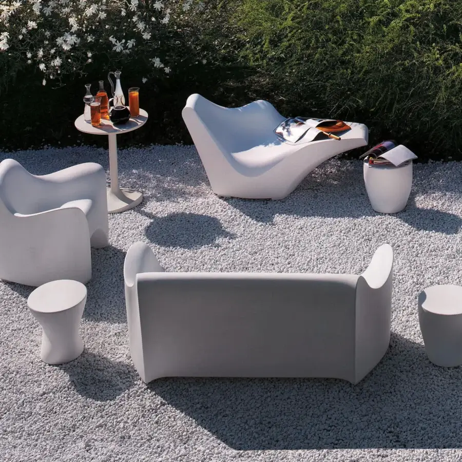 Elegant Driade Tokyo-Pop coffee table set rotationally molded in light gray polyethylene with a smooth matte finish
