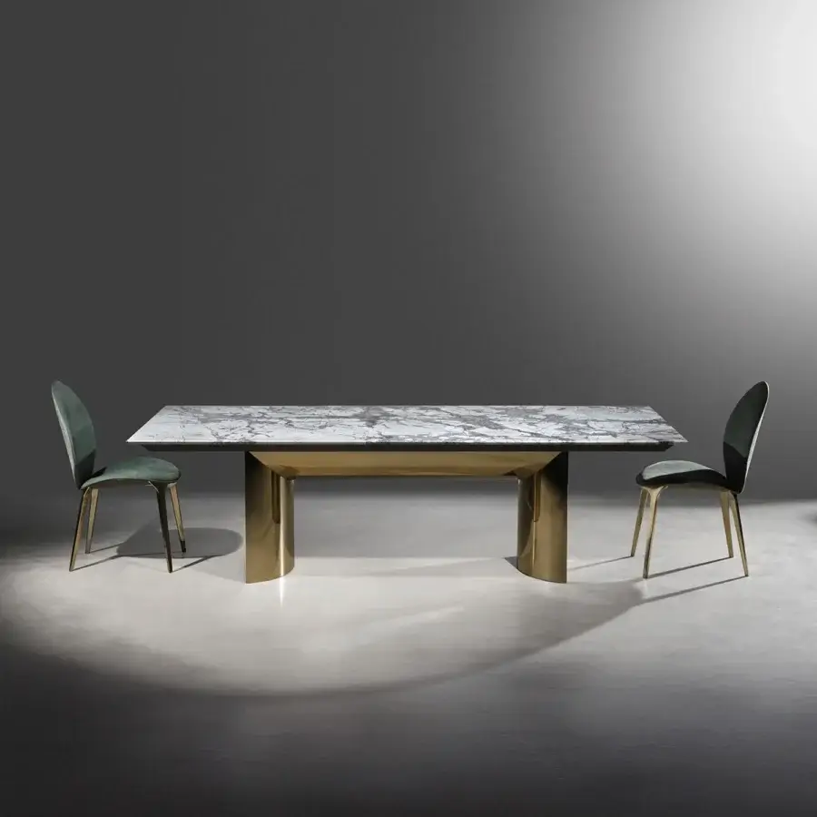 Exceptional Visionnaire Kerwan table built with polished marble and warm golden-tone stainless steel, showcasing lacquered wood undertop
