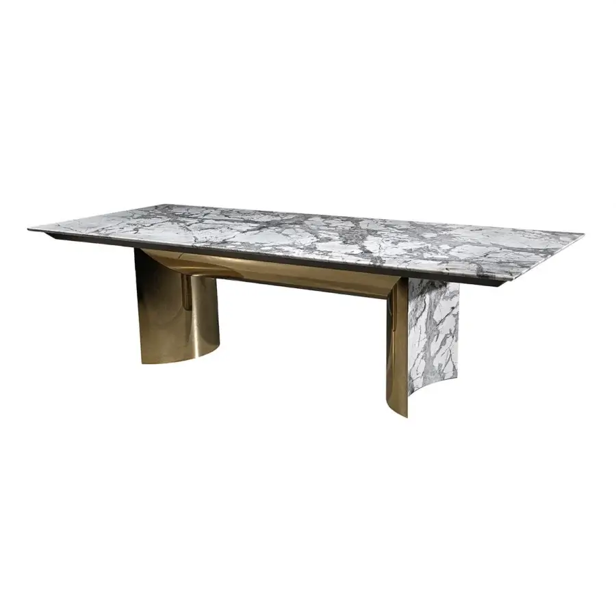 Elegant Visionnaire Kerwan table with polished marble, beveled edges and a curved lacquered wood under-top in stainless steel