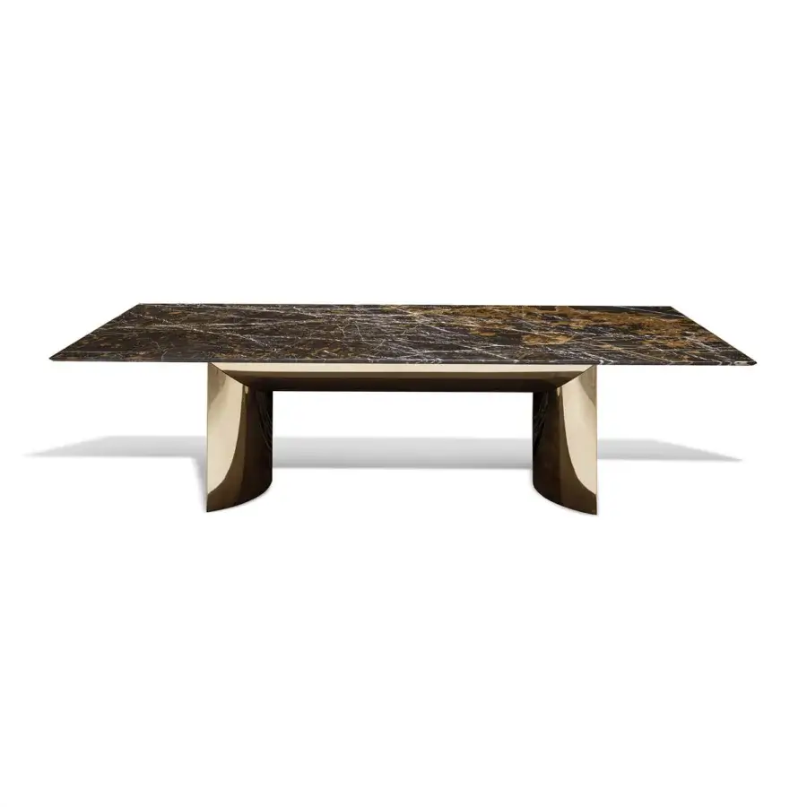 Distinguished Visionnaire Kerwan table with sculpted marble, beveled edges and a curved polished stainless steel base