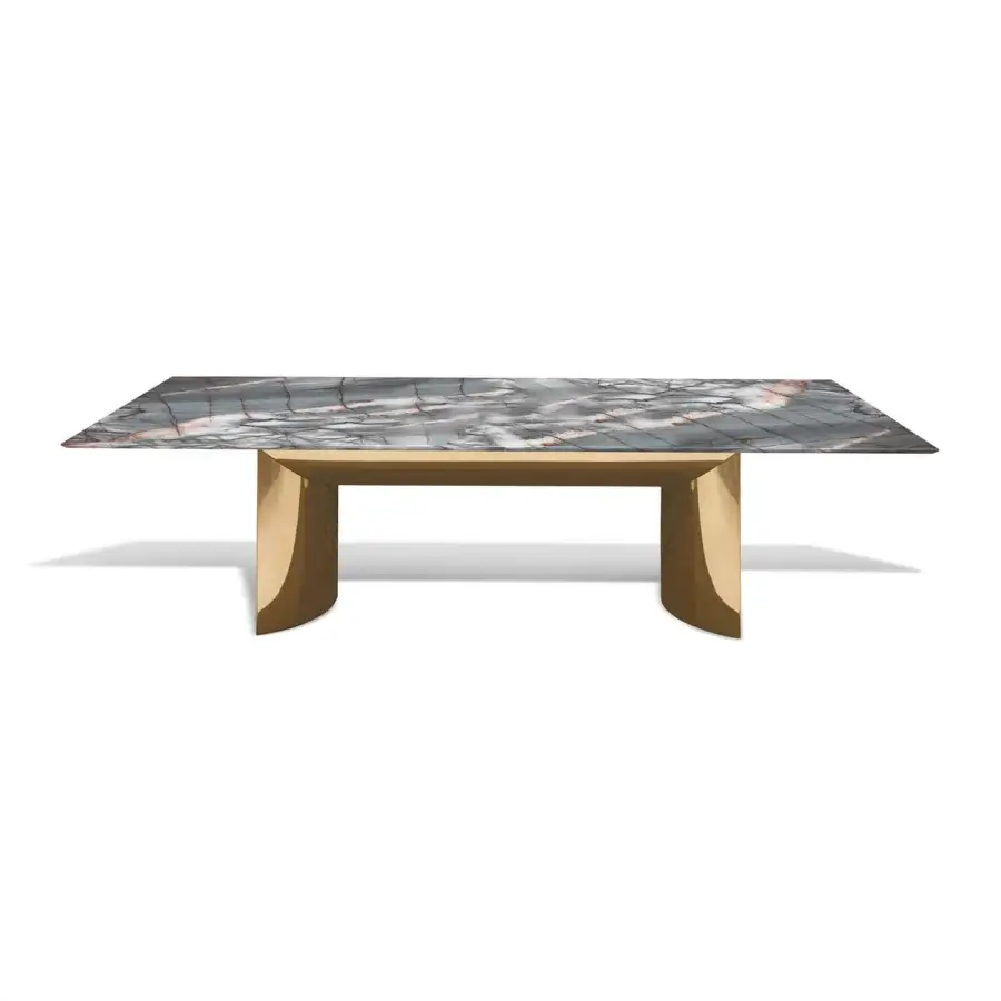 Exceptional Visionnaire Kerwan table with polished marble, beveled edges and a golden stainless steel base crafted with curved form
