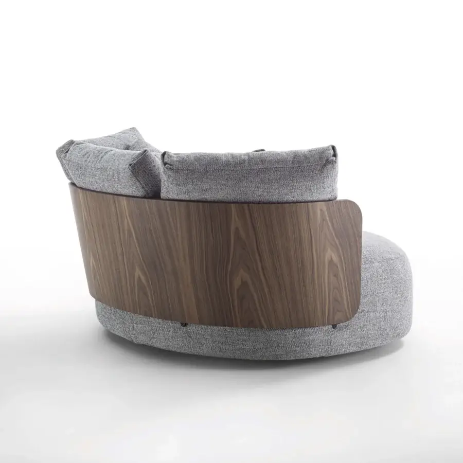 Distinguished Porada Calin XL lounge chair with curved Canaletta walnut backrest and heathered gray textile upholstery in satin finish