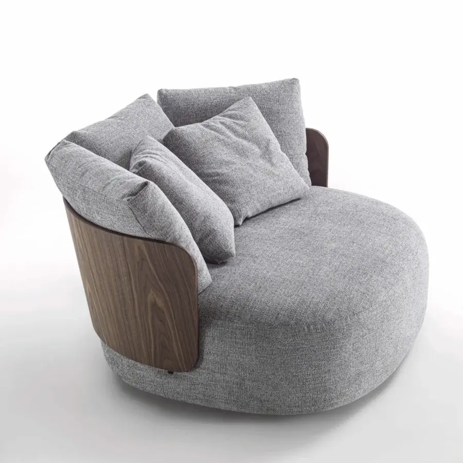 Exceptional Porada Calin XL lounge chair crafted with curved Canaletta walnut and plush gray upholstery in a satin finish