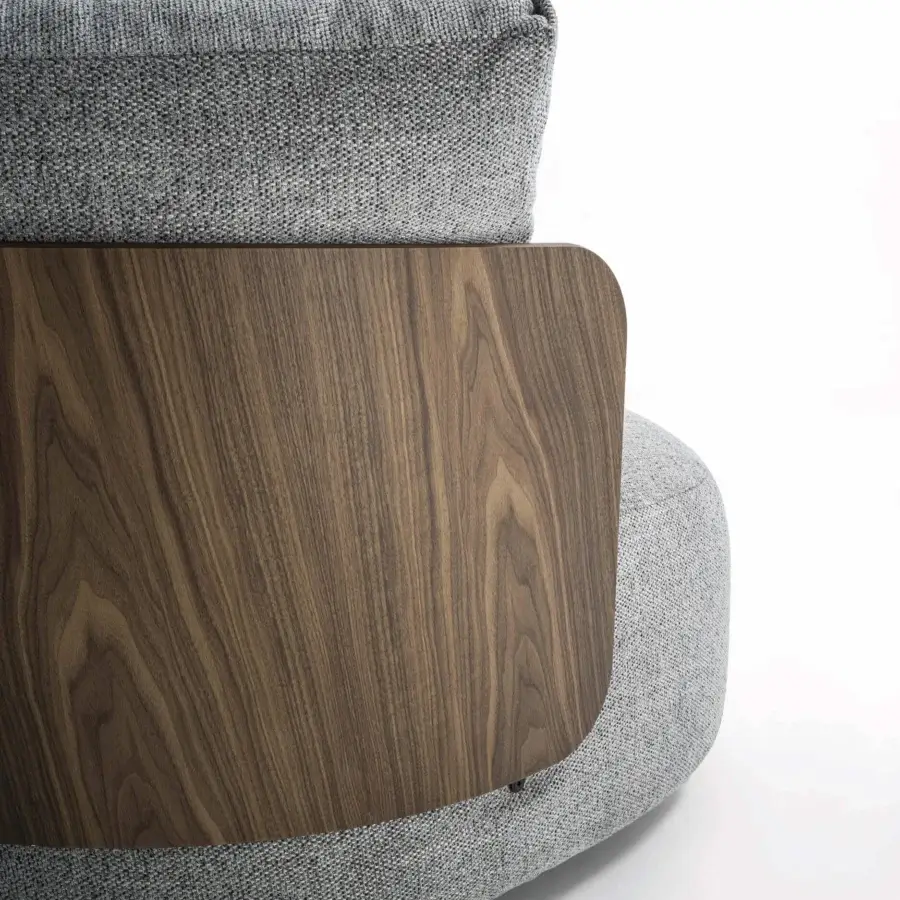 Sophisticated Porada Calin XL lounge chair built with curved Canaletta walnut and heathered gray textile upholstery with a satin finish