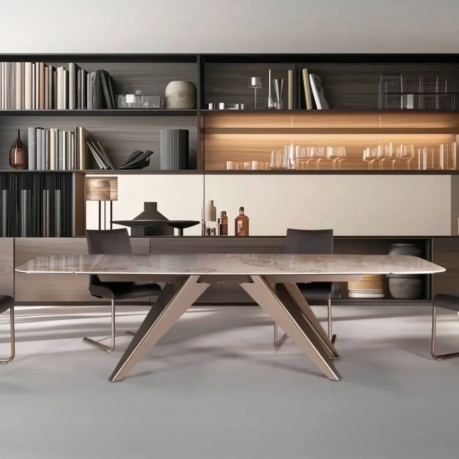 Superior Naos Ant table crafted in light grey and white ceramic with a golden-toned painted metal geometric base