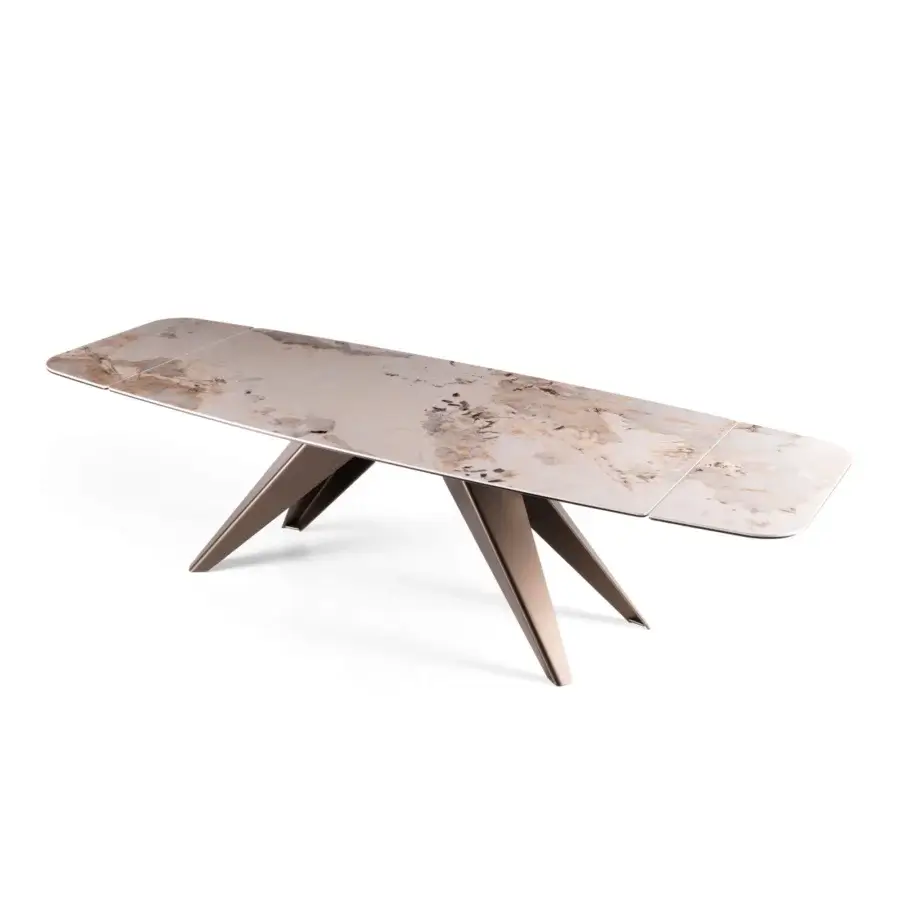 Elegant Naos Ant table crafted in ceramic with beige, cream and brown veining and a glossy satin bronze painted metal base