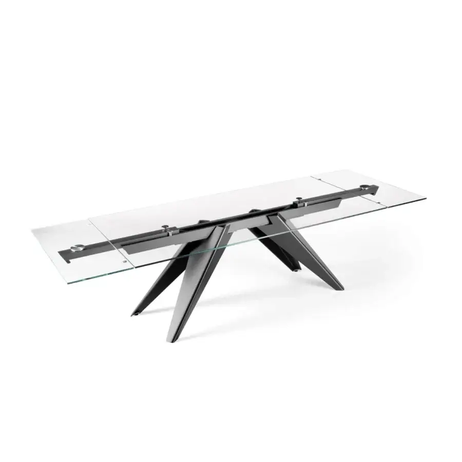 Distinctive Naos Ant table with clear glass tabletop and dark gray painted metal base crafted in Italy