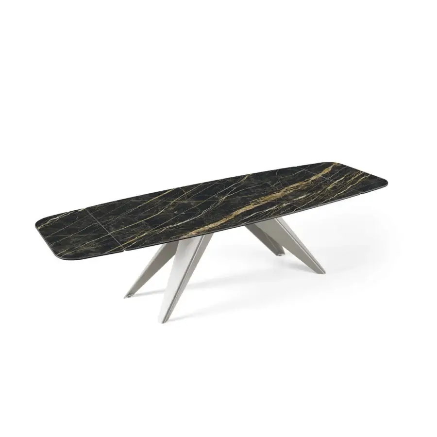 Exclusive Naos Ant table with golden veined ceramic tabletop and glossy painted silver-toned metal base