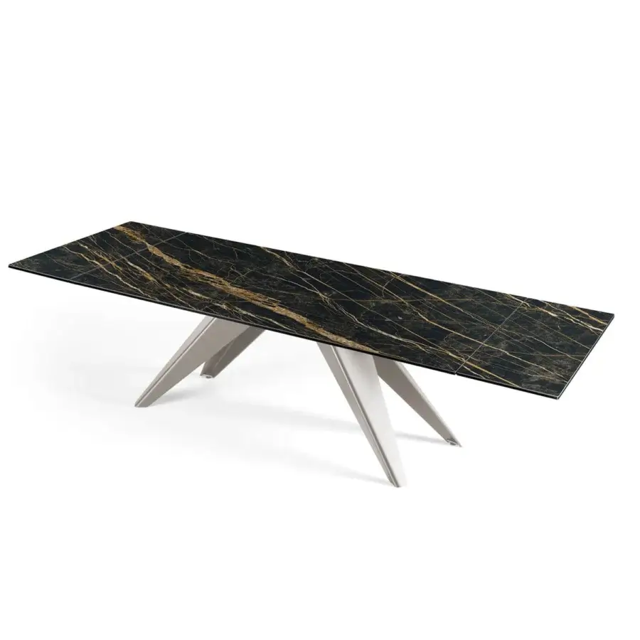 Innovative Naos Ant table with golden veined ceramic tabletop and glossy painted metal base crafted in Italy
