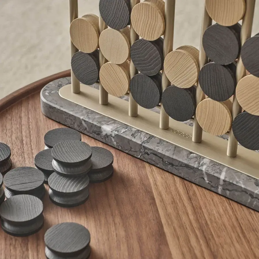 Distinguished Porada Chiaroscuro board game crafted in Italy with natural ash, marble and anodized aluminum frame