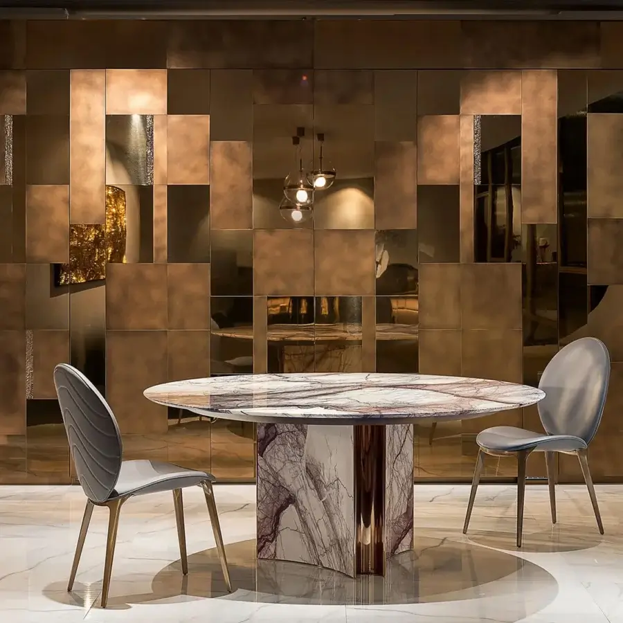 Captivating Visionnaire Kerwan table with light marble, stainless steel and darker veined marble base, exhibiting polished surfaces