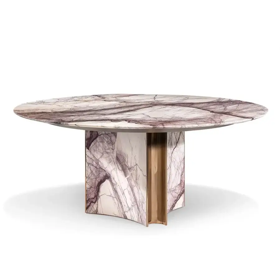 Distinguished Visionnaire Kerwan table with polished marble, cream, white and purple veining, plus curved stainless steel base