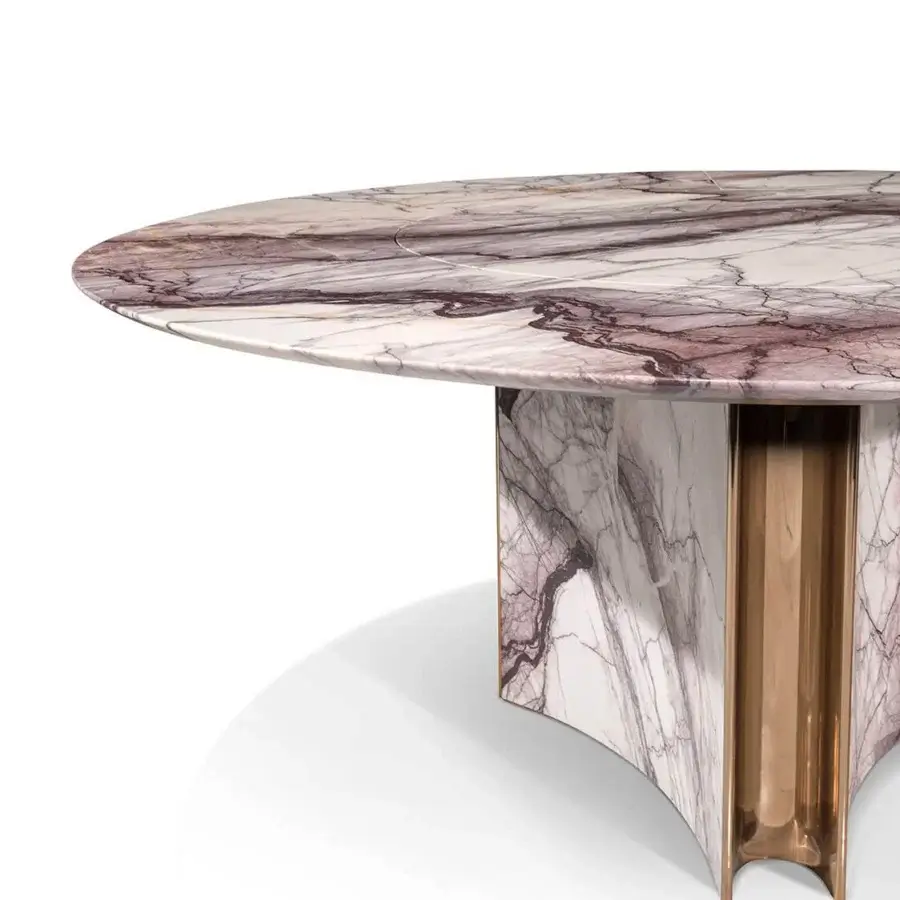 Exceptional Visionnaire Kerwan table with captivating marble, white, grey and purple veining, plus satin stainless steel base