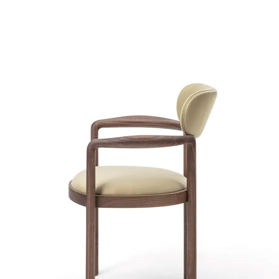 Elegant Porada Dione chair reimagines a bucket seat crafted with solid canaletta walnut and muted beige upholstery with a satin finish